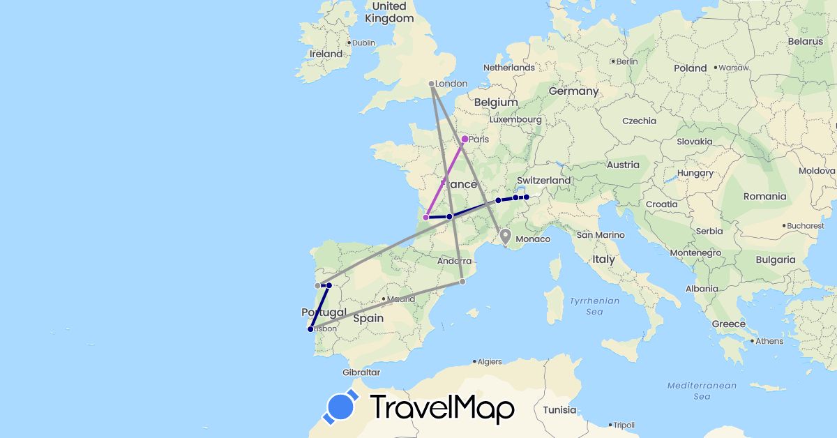 TravelMap itinerary: driving, plane, train in Spain, France, United Kingdom, Portugal (Europe)